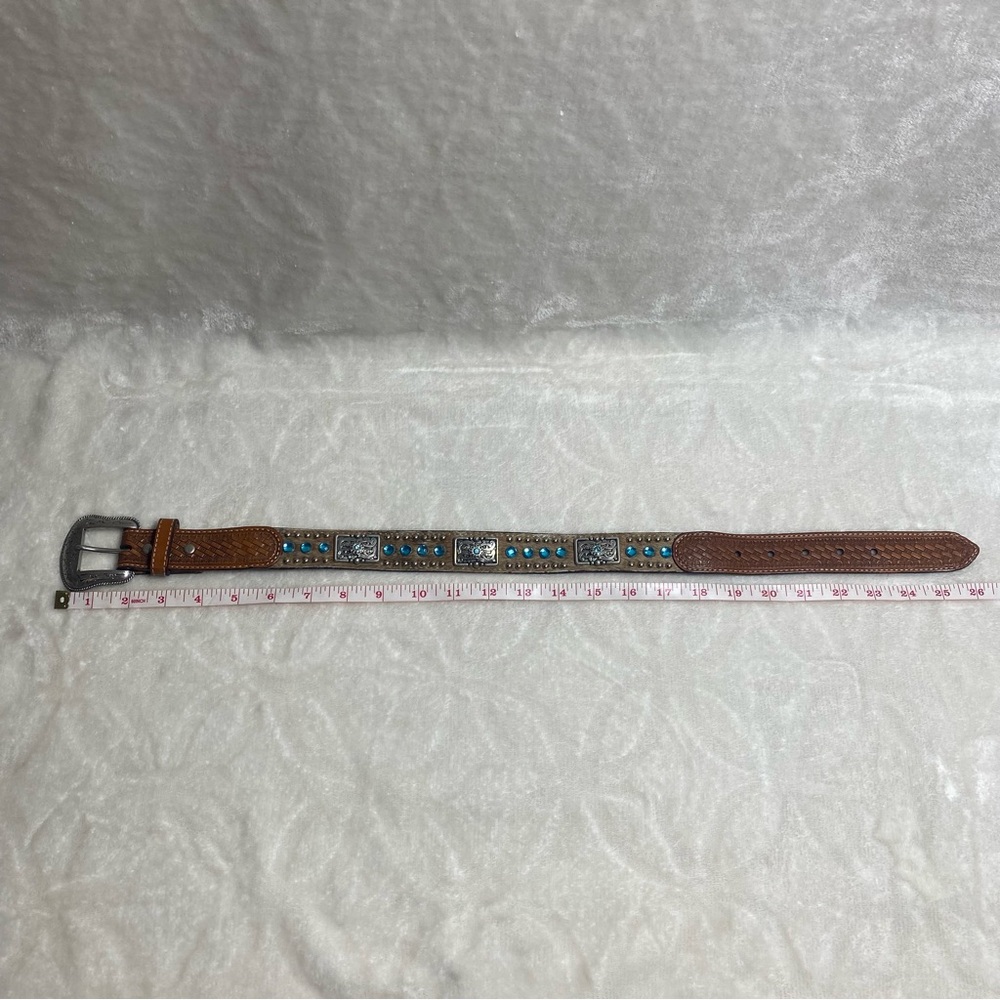 NOCONA Kids Leather Calf-hair Belt Blue Rhinestones Brown Western Cowboy - Picture 11 of 11